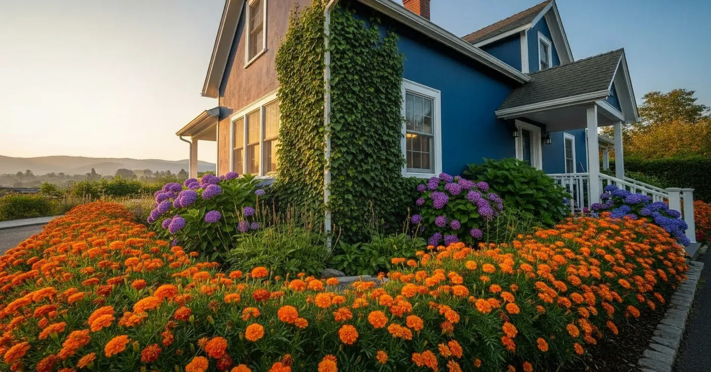 A Quaint Cottage, Deep Sapphire Blue Exterior, Bathed in Golden Hour Light