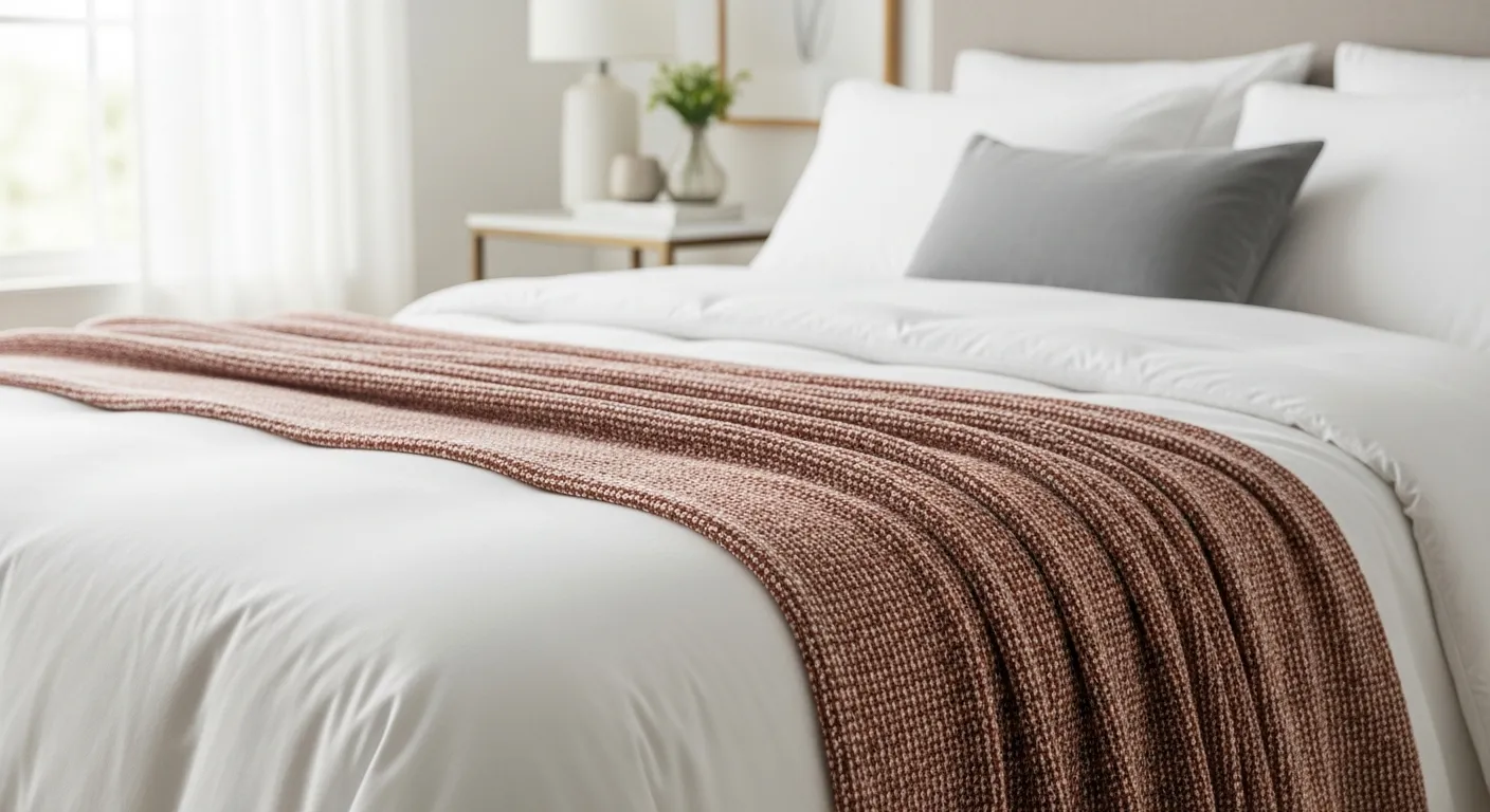 A Queen-sized Bed With a Plush Comforter Covers the Bed at the Foot and a Soft, Textured Throw Blanket is Draped, Perfectly Overlapping the Comforter