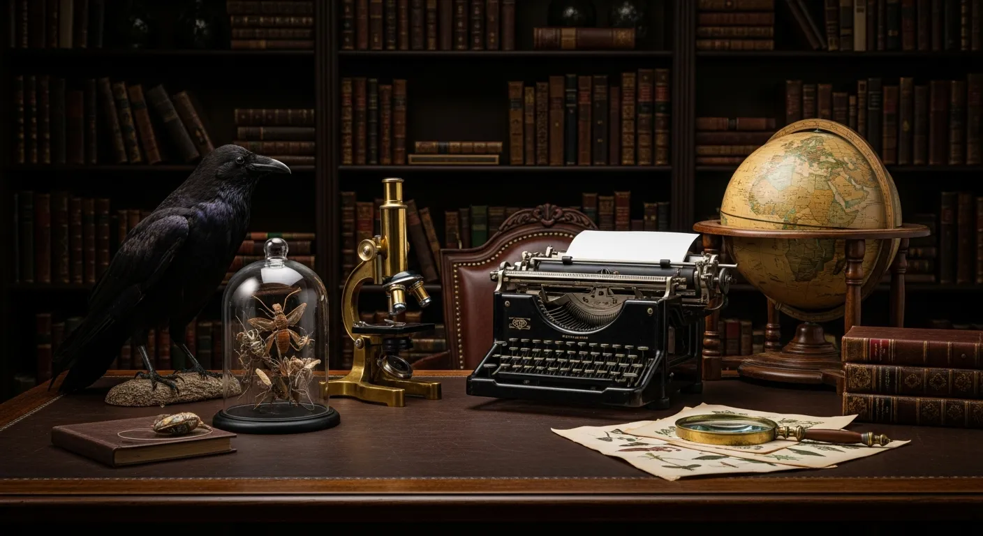 A Quintessential Dark Academia Study With a Dark Antique Wooden Desk, a Taxidermied Raven Stands to the Left