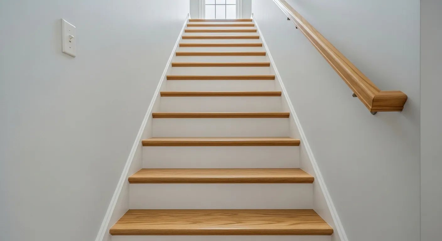 A Quintessential, Meticulously Crafted Straight Staircase in a Modern, Subtly Lit Household Interior.