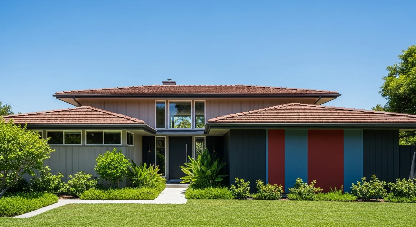 A Quintessential Mid-century Modern Home Features a Dynamic Color-blocked Design, in Shades of Warm-toned Light and Dark Gray Panels