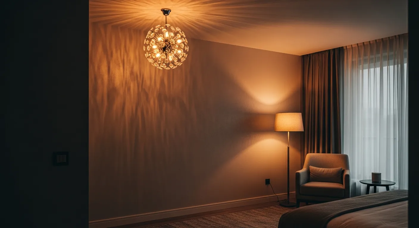 A Radiant Crystal Chandelier Hangs Centrally From the Ceiling, Casting Delicate, Golden Light Patterns