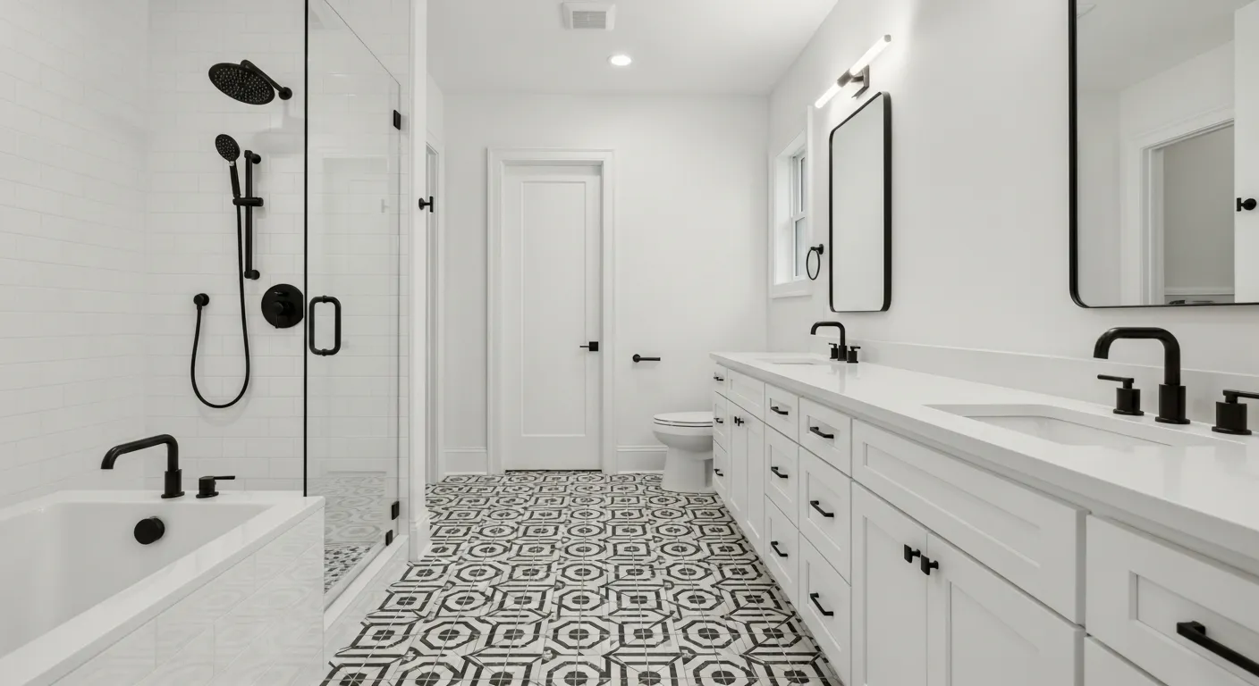 A Recently Renovated, Luxurious Modern Bathroom With a Striking Geometric Black-and-white Tiled Pattern