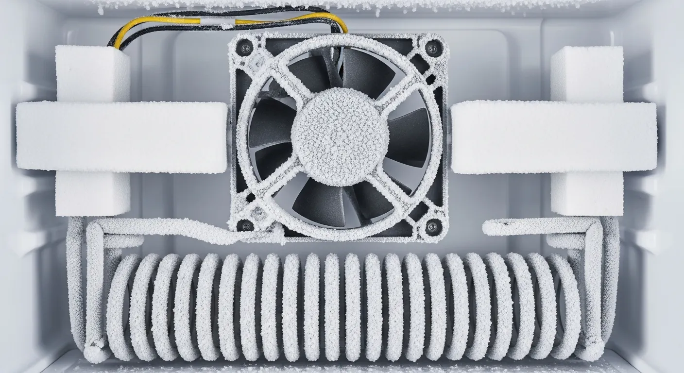 A Refrigerator's Internal Evaporator Fan Unit, Encased in a Thick Layer of Crystalline White Frost and Ice