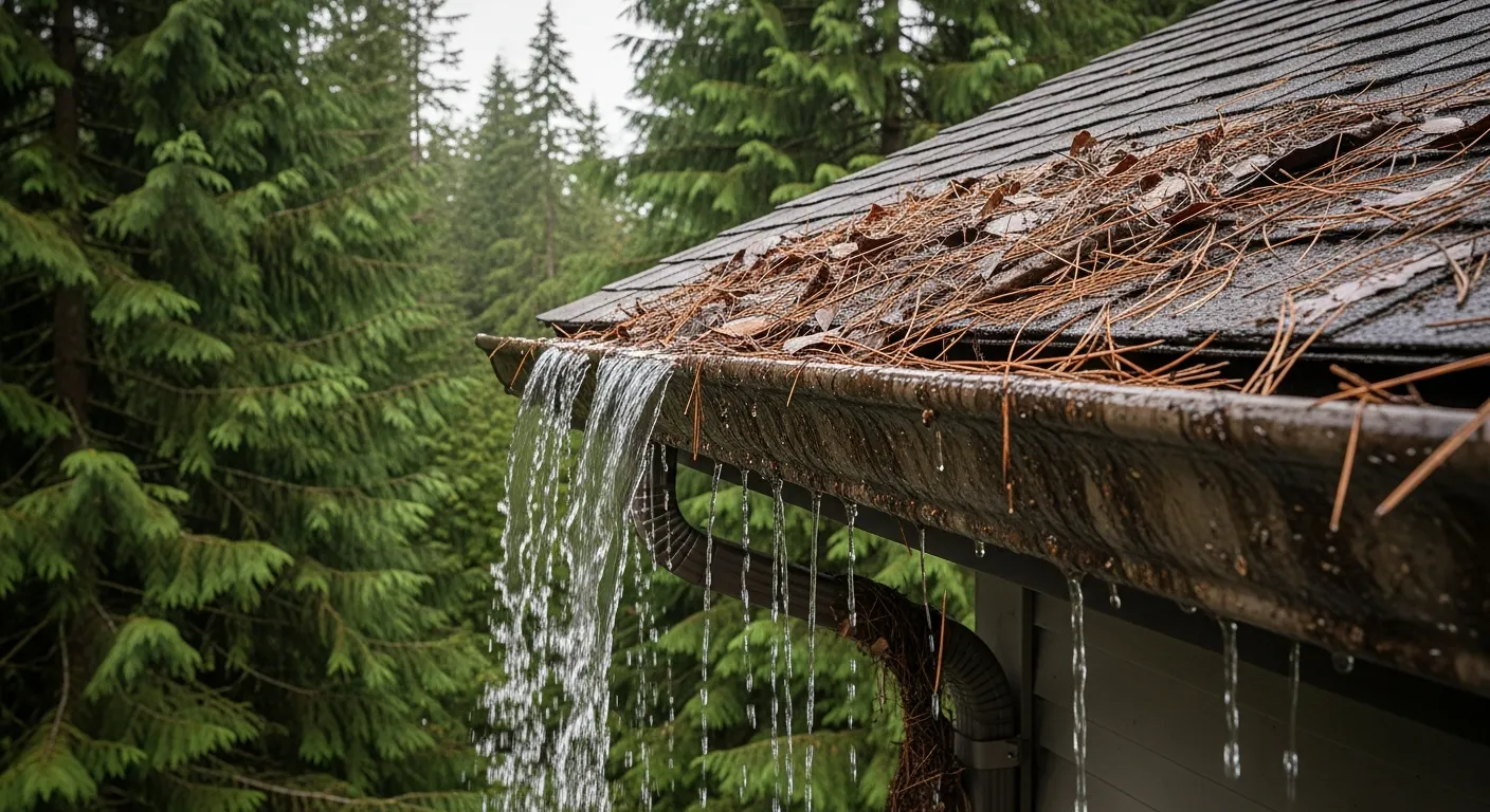 A Residential Roof Section With Overflowing Gutter, Packed With Saturated, Decaying Leaves and Pine Needles