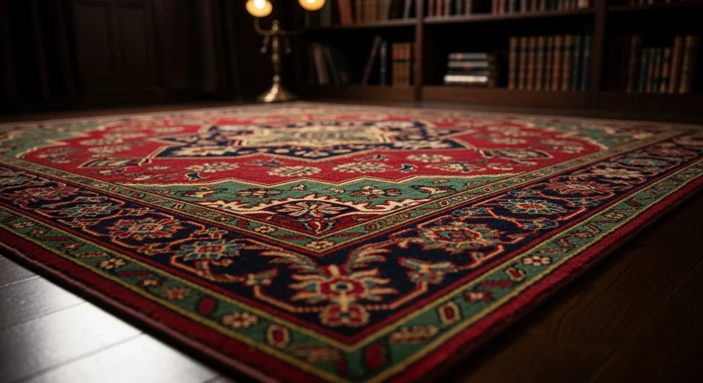 A Richly Patterned, Opulent Antique Persian-style Rug, Elegantly Spread on a Polished Dark Hardwood Floor