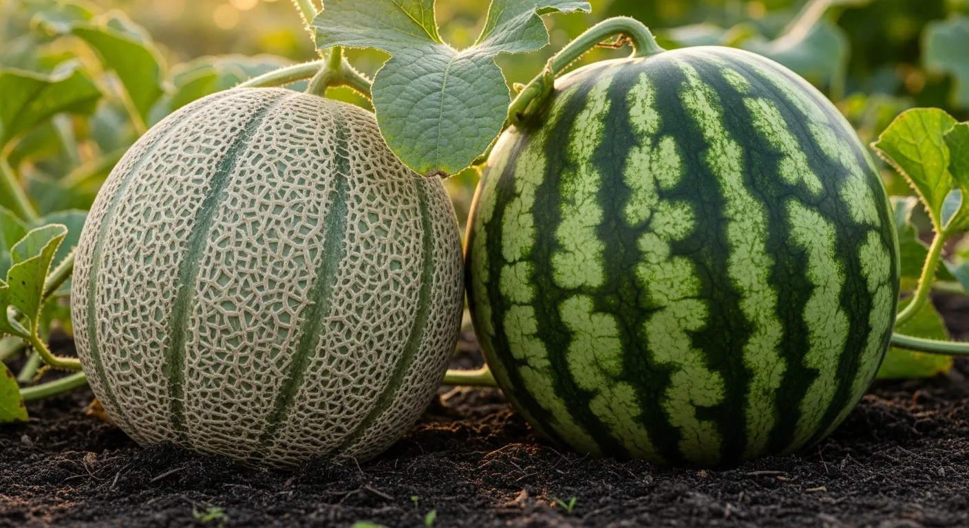 A Ripe Cantaloupe Melon and a Watermelon Growing Together in a Lush Garden A Ripe Cantaloupe Melon and a Watermelon Growing Together in a Lush Garden