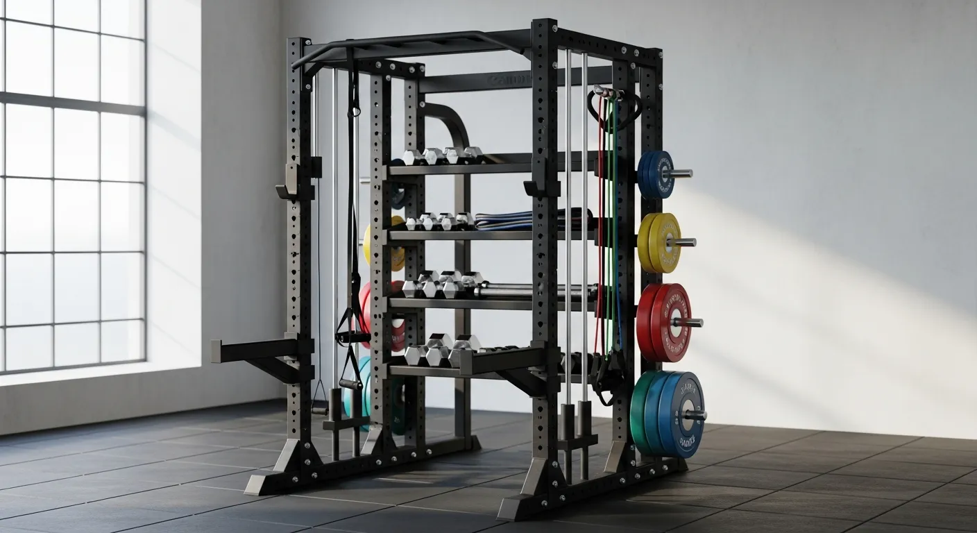 A Robust, Black Powder-coated Steel Power Rack With Integrated Storage