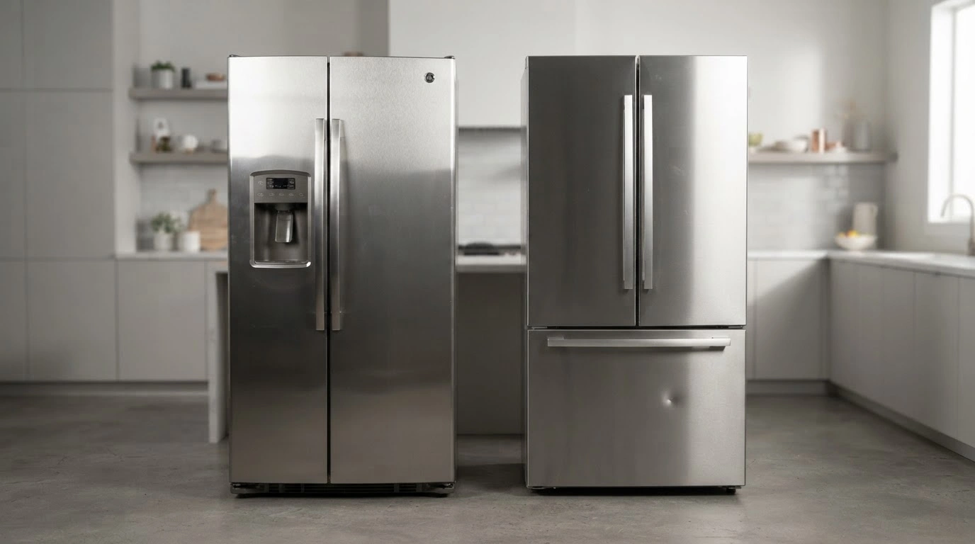 A Robust, Gleaming GE and Bosh Side-by-Side Refrigerator in Stainless Steel Exterior