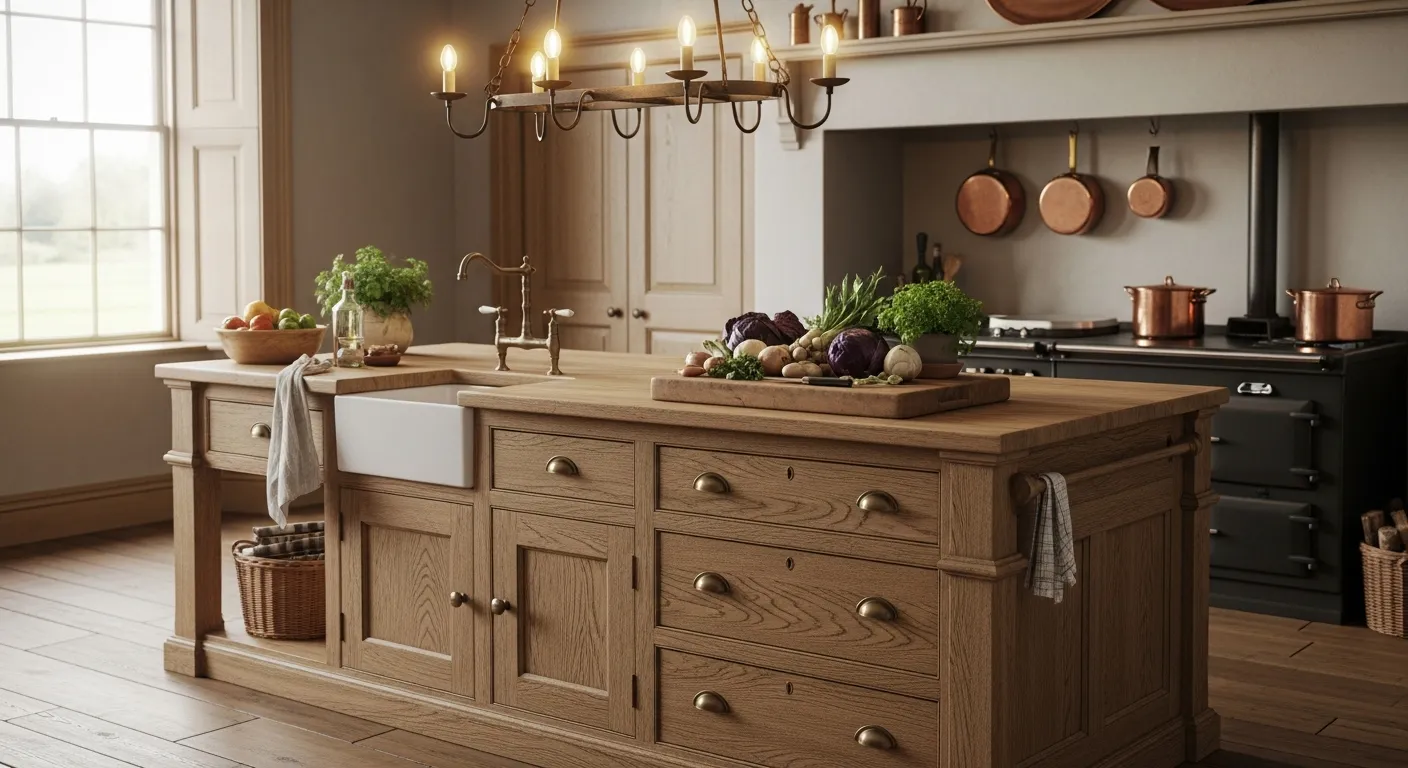 A Robust, Hand-hewn Distressed Oak Country Kitchen Island, Positioned as the Functional Centerpiece