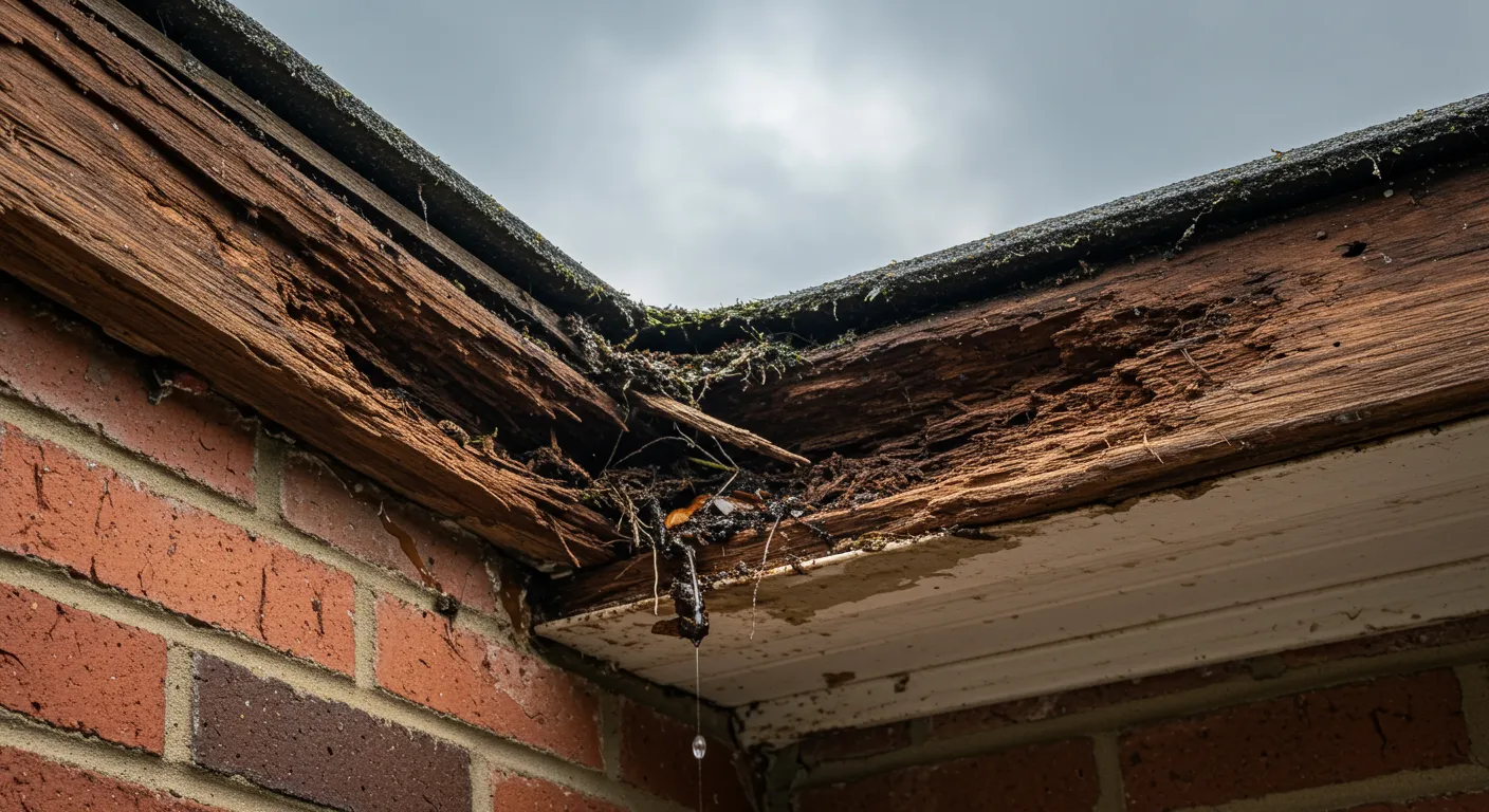 A Rotted Fascia Board on a House Roofline A Rotted Fascia Board on a House Roofline
