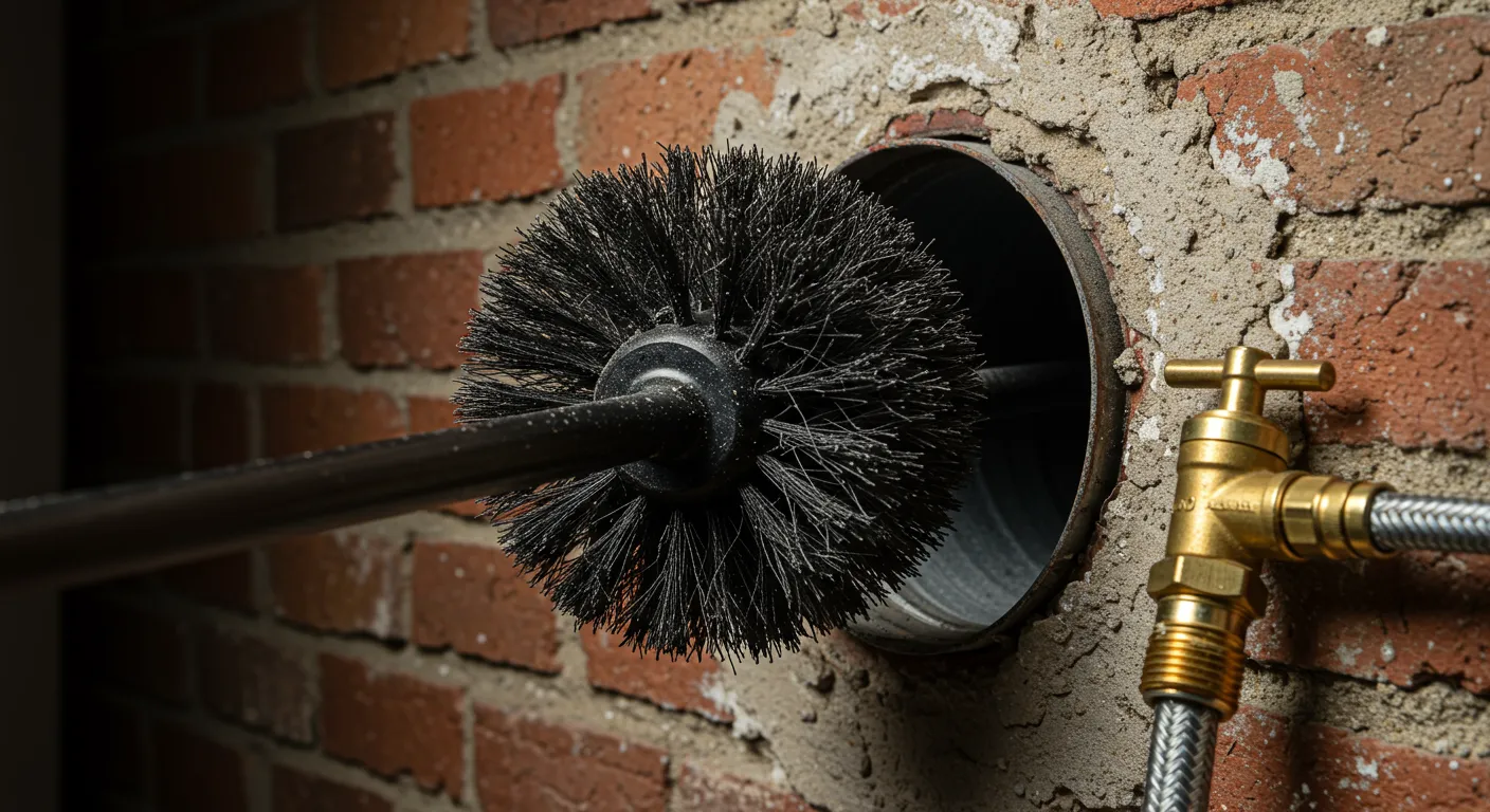 A Round Black Chimney Brush Being Inserted Into a Vent Hose of a Dryer A Round Black Chimney Brush Being Inserted Into a Vent Hose of a Dryer
