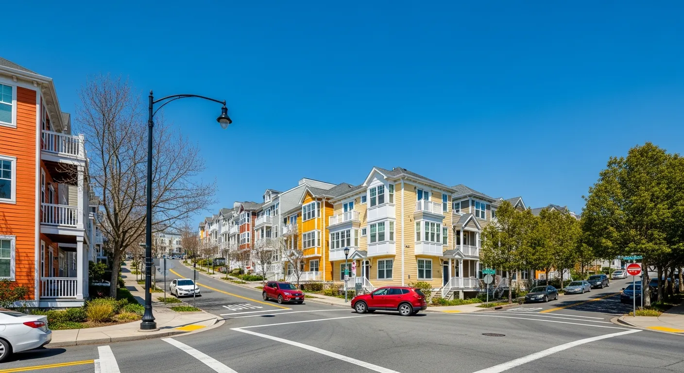 A Row of Modern, Multi-story Condo Lining the Right Side of a Gently Curving Suburban Street