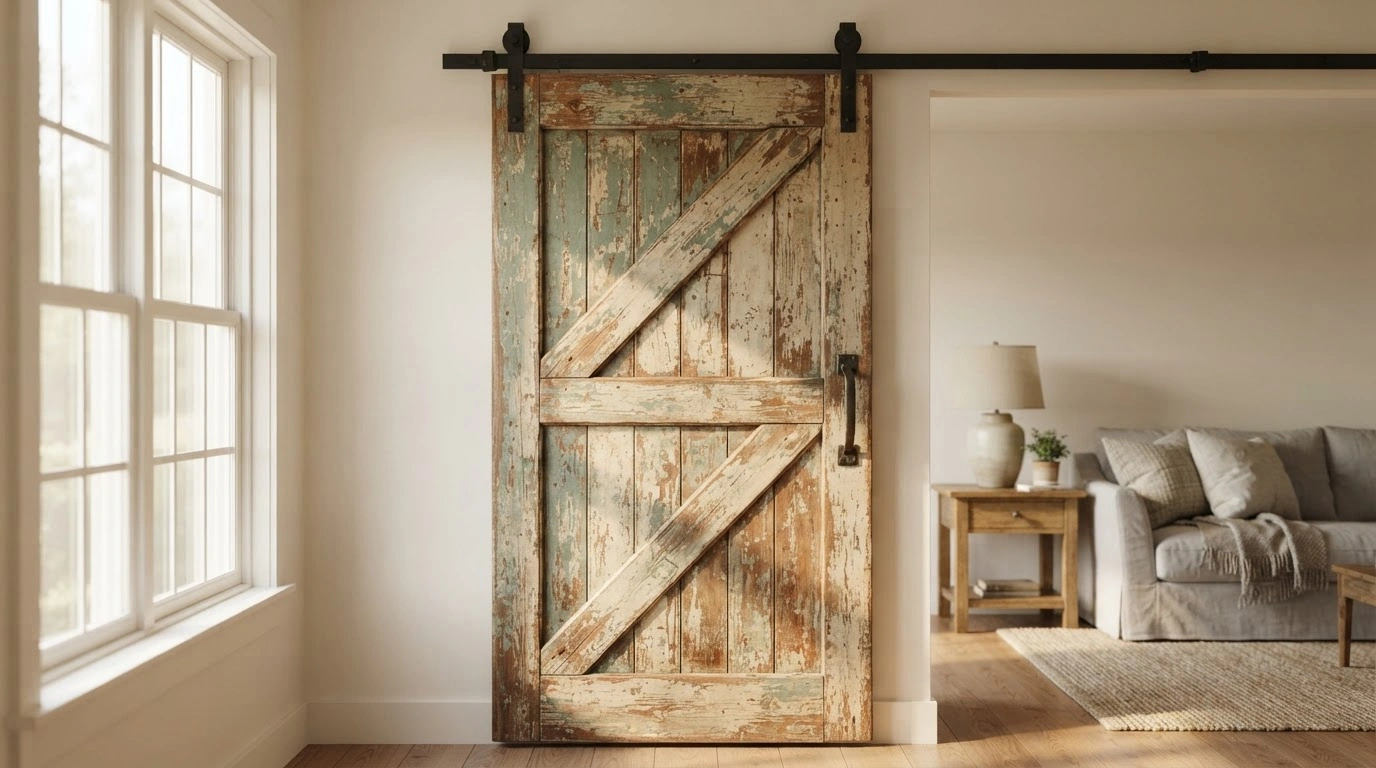 A Rustic Barn Door, Centrally Positioned Within a Sun-drenched, Casual Living Room