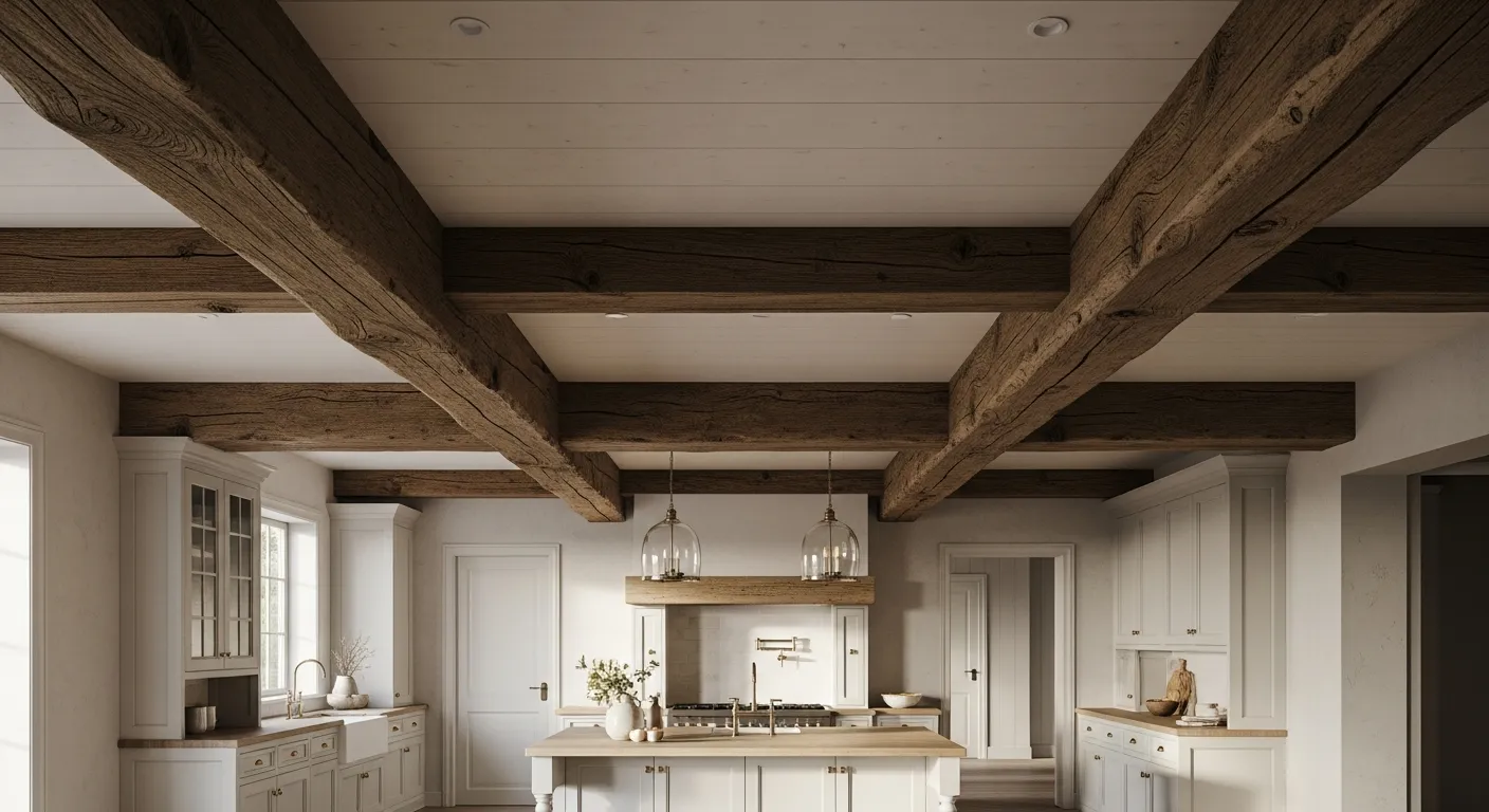A Rustic Country Kitchen With Massive, Raw Wood Ceiling Beams, Prominently Spanning Across the Frame