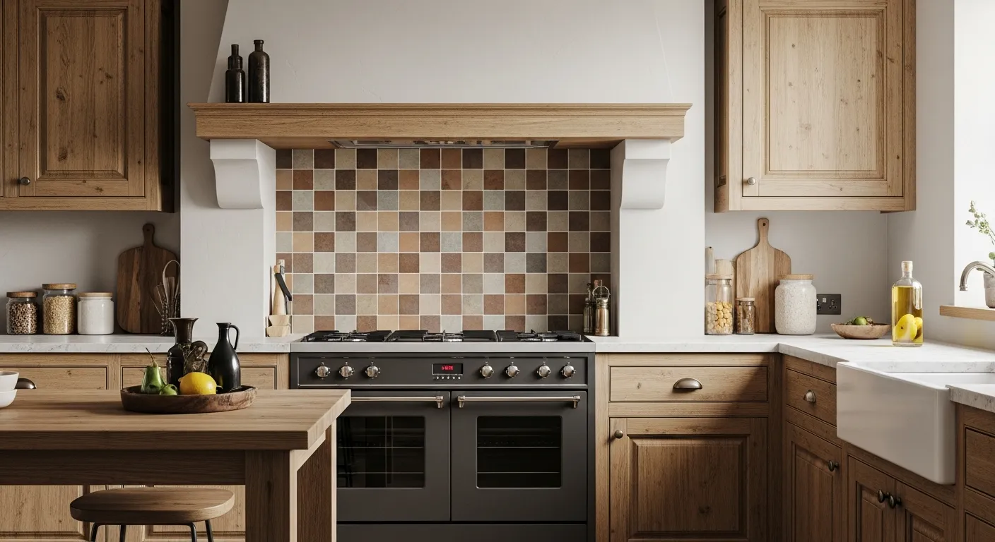 A Rustic Country Kitchen With a Meticulously Crafted Checkered Pattern Backsplash, Positioned Above a Sleek Countertop