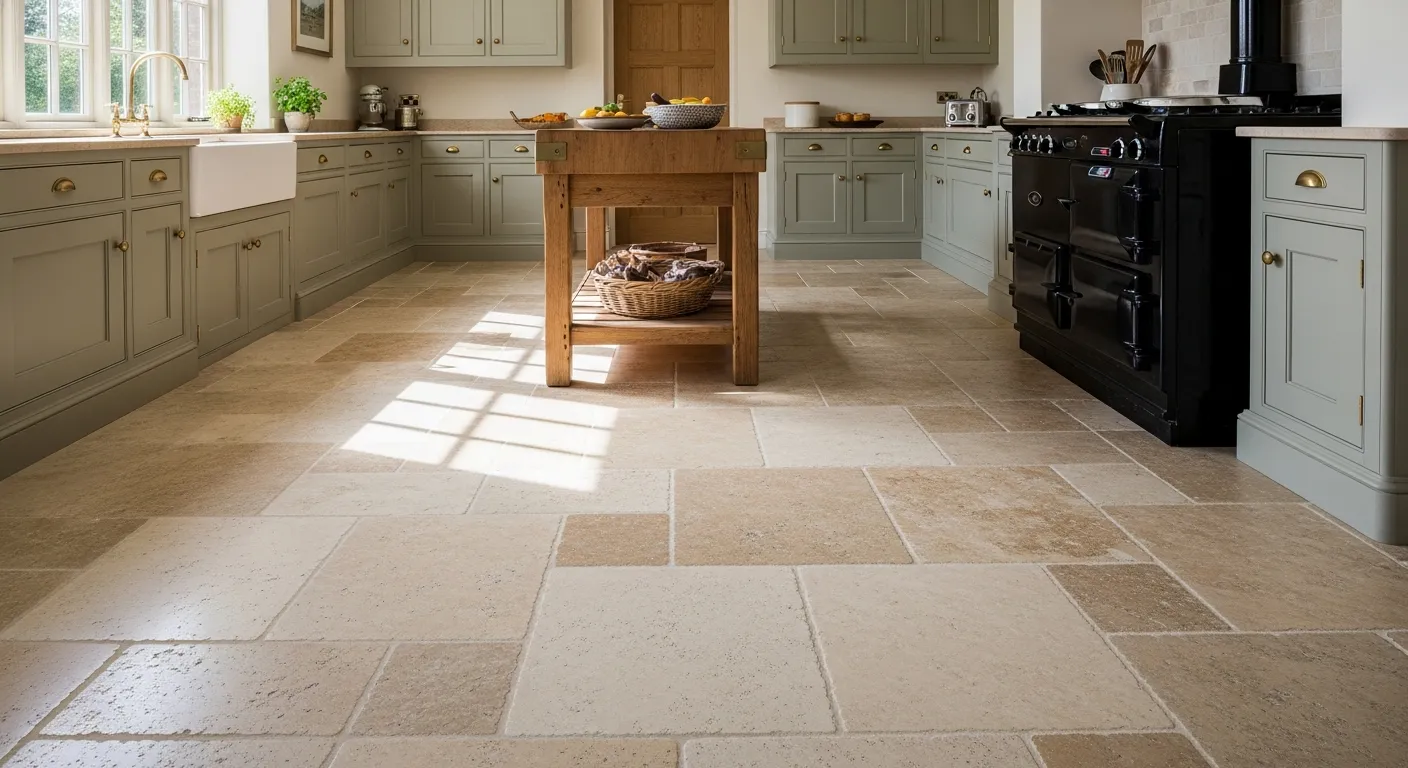 A Rustic English Country Kitchen With Entire Floor Laid With Large-format Tumbled Travertine Natural Stone Tiles