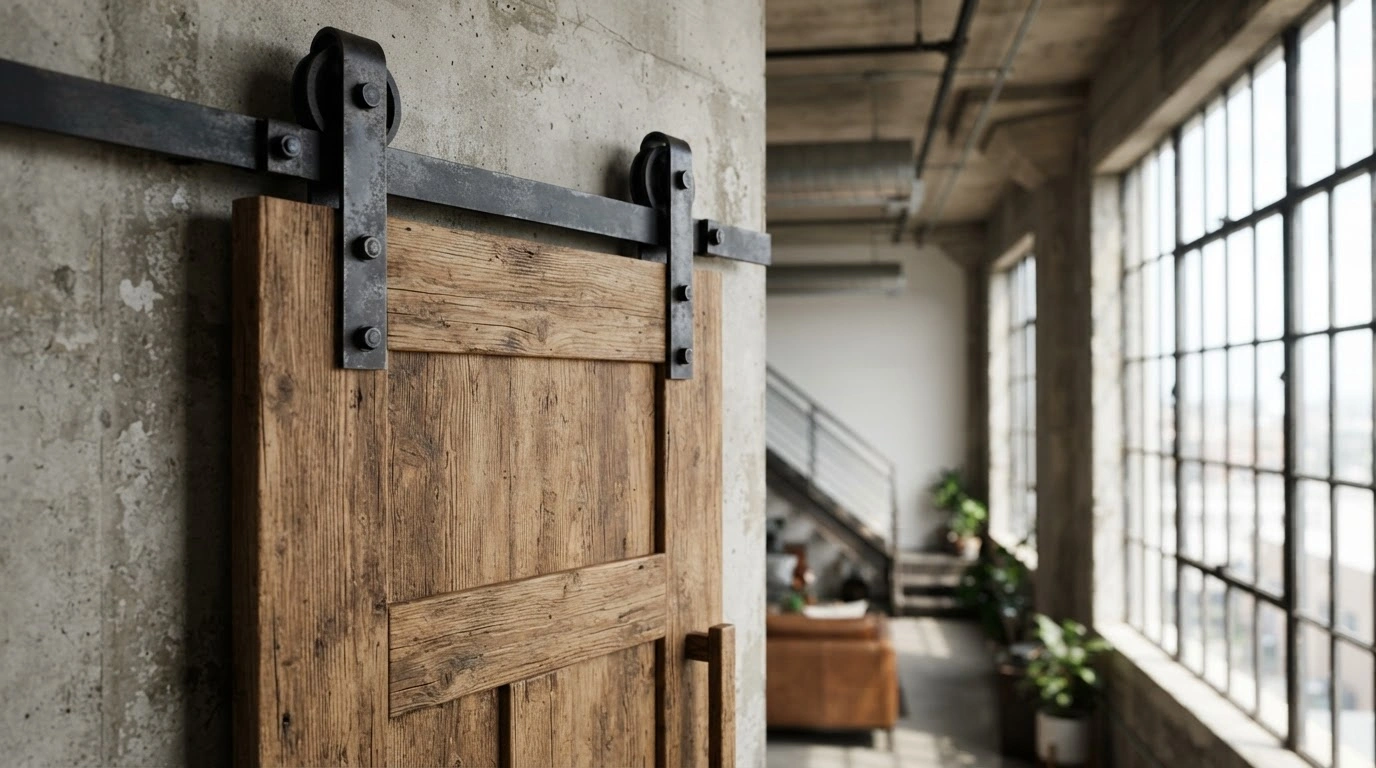 A Rustic, Natural-grained Plain Wooden Barn Door, Featuring Heavy, Matte Black Aged Steel Industrial Sliding Door Hardware