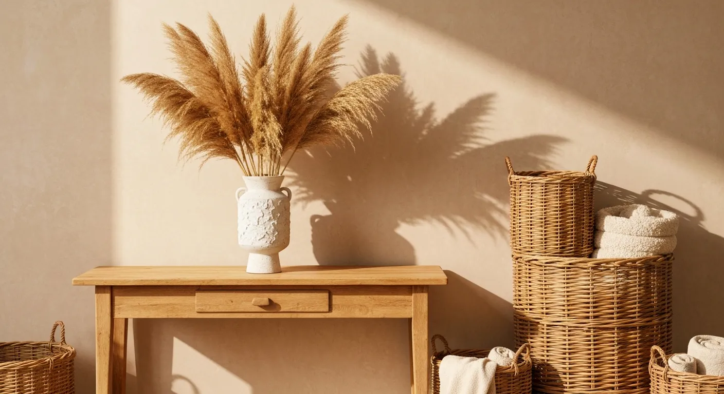 A Rustic, Vintage Wooden Console Table With a Tall, Handcrafted Off-white Ceramic Vase Holding Pampas Grass