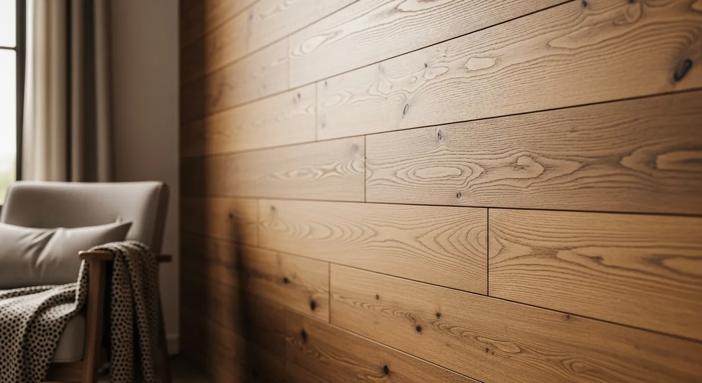 A Rustic Wall Interior, Entirely Covered in Richly Textured, Natural Oak Wood Planks