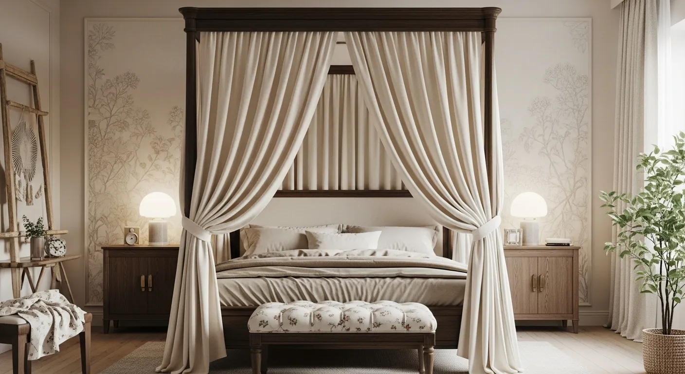 A Serene Bedroom Interior With a Luxurious Dark Wood Frame With Flowing Ivory Velvet Drapes Elegantly