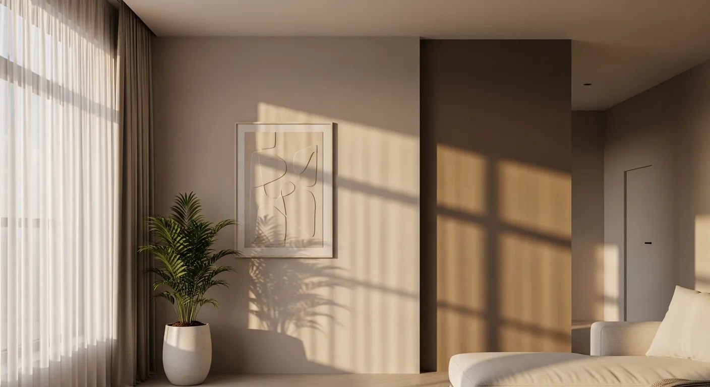 A Serene, Contemporary Living Room With Prominent Feature Wall is Painted in a Sophisticated, Muted Warm Greige