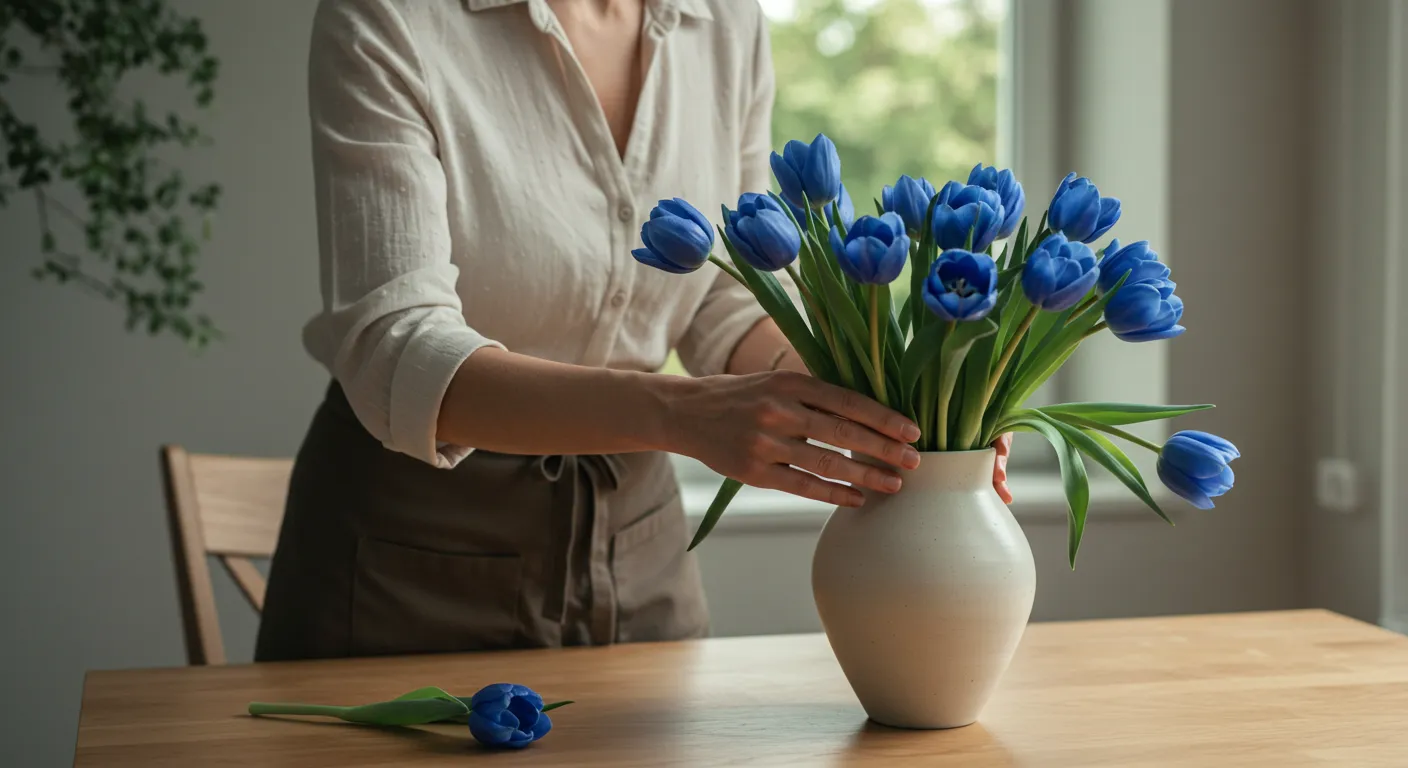 A Serene, Elegant Woman Meticulously Arranging a Vibrant Bouquet of Fresh, Intensely Blue Tulips