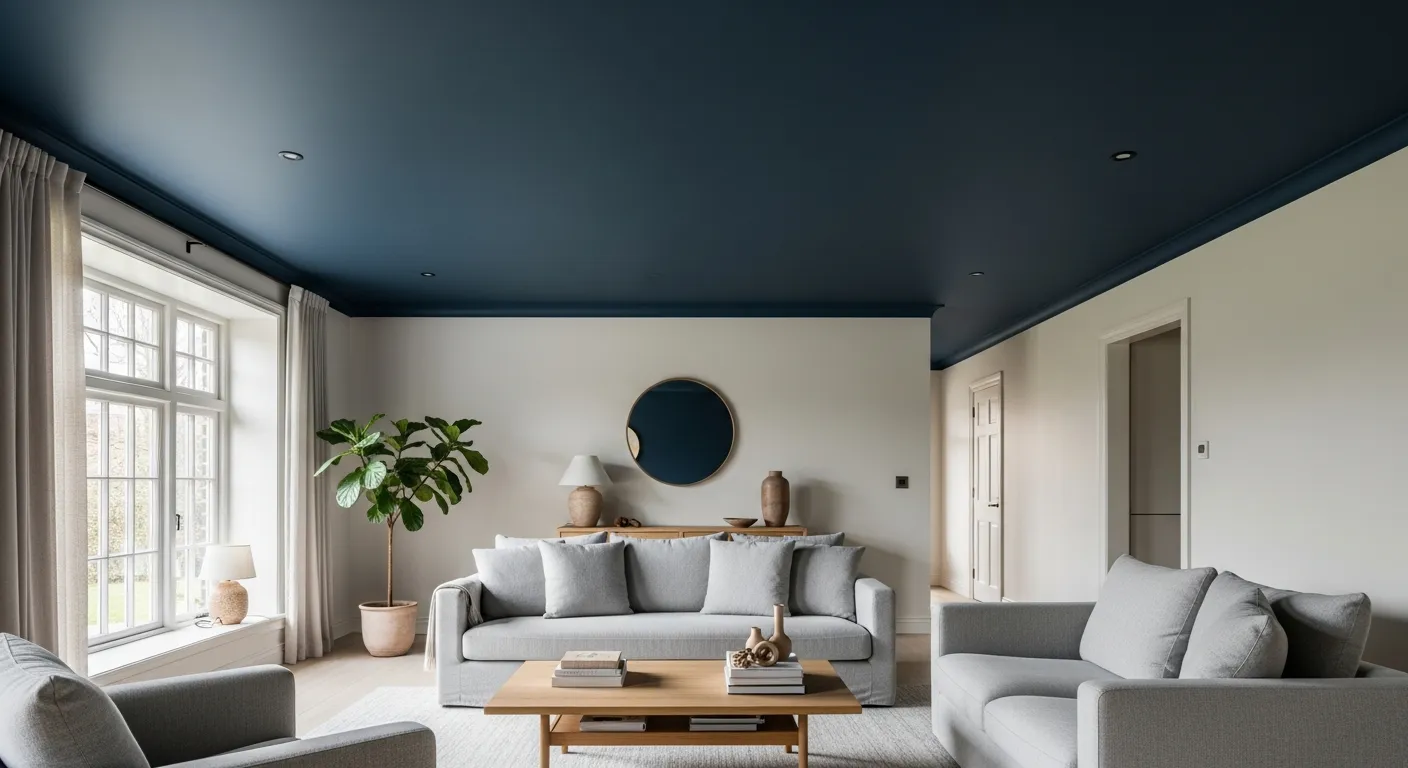 A Serene, Elegantly Designed Living Room With Deep Navy Blue Ceiling