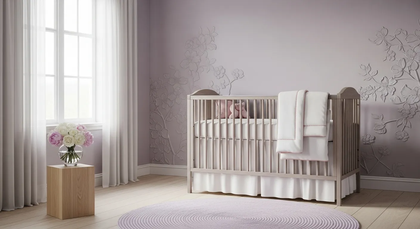 A Serene, Gender-neutral Baby Nursery, With Walls Painted in a Muted Lavender, Featuring Delicate, Almost Ethereal Floral Relief Patterns