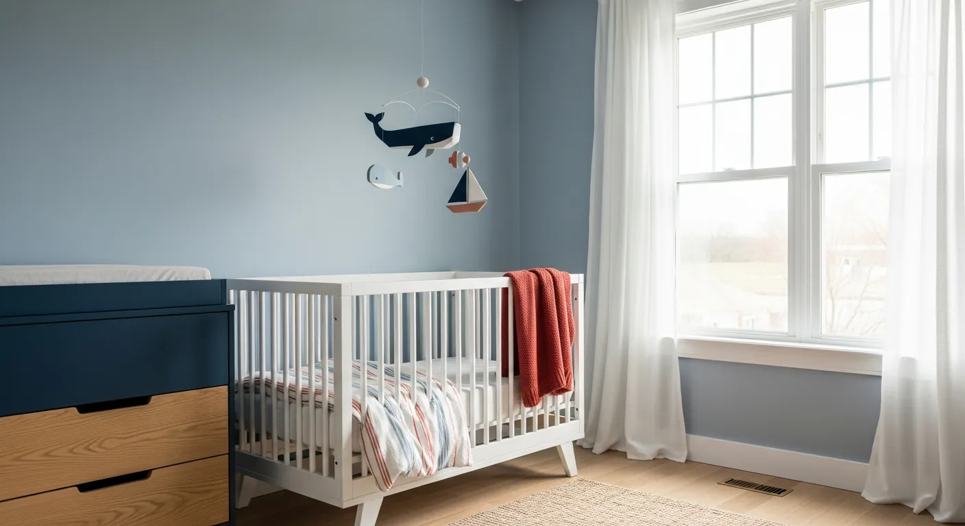 A Serene, Gender-neutral Nursery With Sheer White Curtains and Walls Painted a Muted, Dusty Periwinkle Blue
