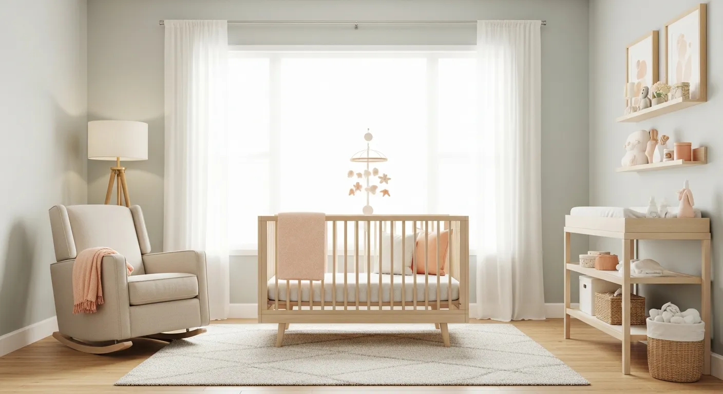 A Serene, Inviting Baby Nursery Designed With Walls Painted in a Light and Airy Benjamin Moore Windswept OC-94, Creating a Soft, Expansive Backdrop