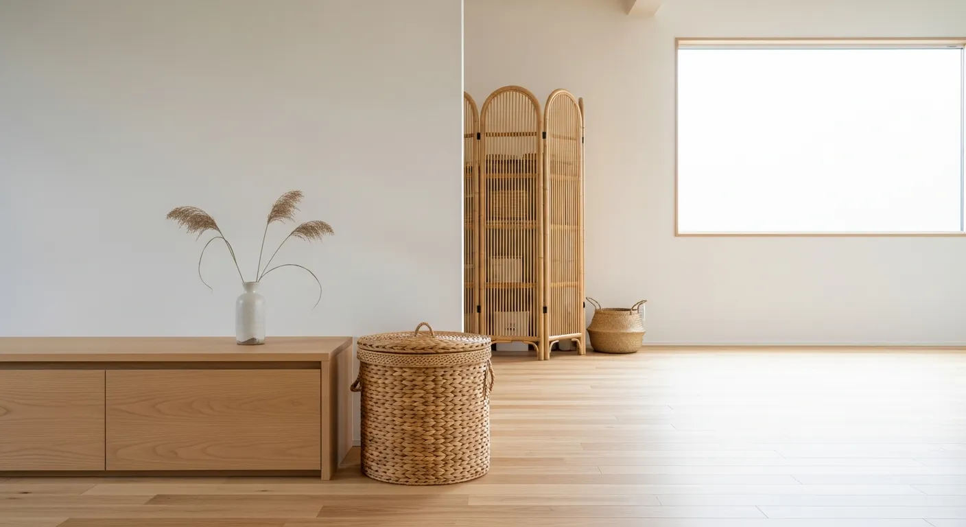 A Serene Japandi-style Living Room, Meticulously Showcasing Faux Minimalism