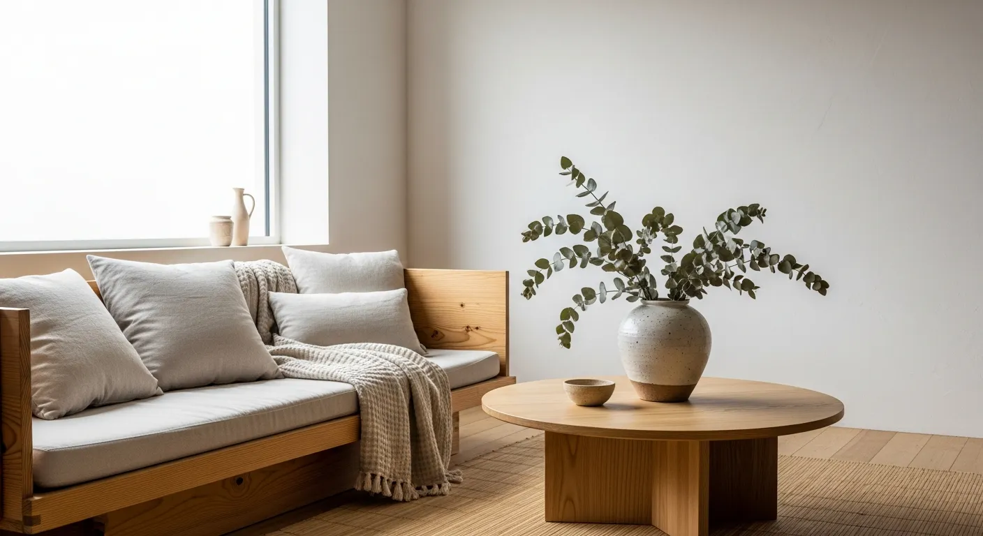 A Serene Japandi Living Room Interior With Natural Pine Wood Sofa, Adorned With Unbleached Linen Cushions