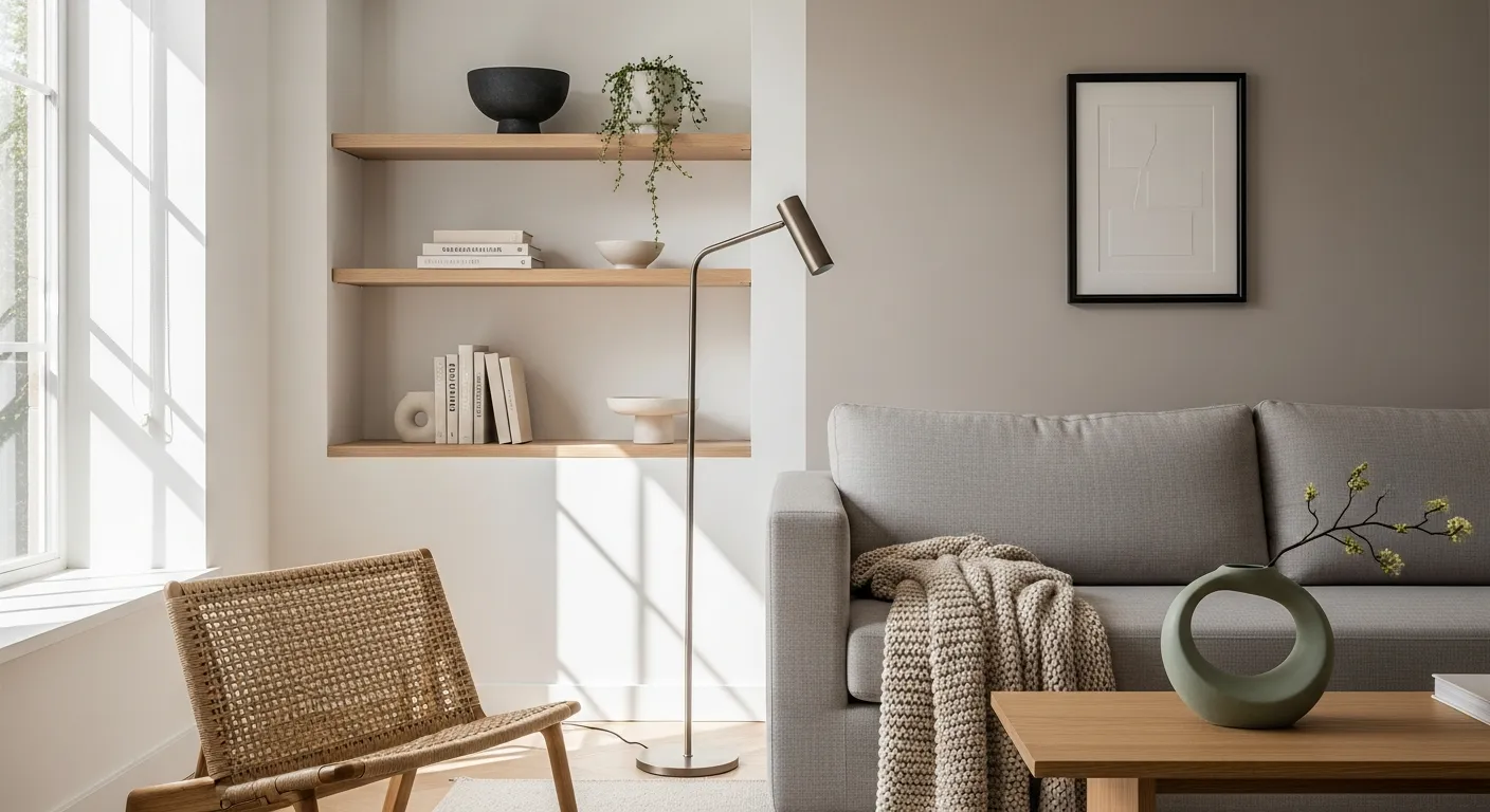 A Serene Japandi Living Space Having Velvety Soft White Walls, With a Minimalist Linen Sofa in Warm Gray Positioned Centrally