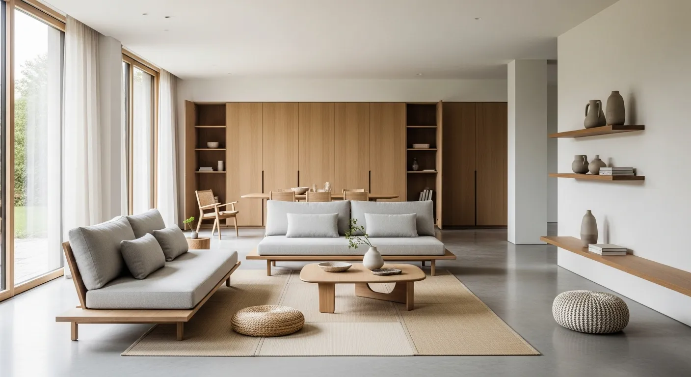 A Serene Japandi Style Interior Living Space With an Expansive Open-plan Layout Features Wide Walkways and Interconnected Zones