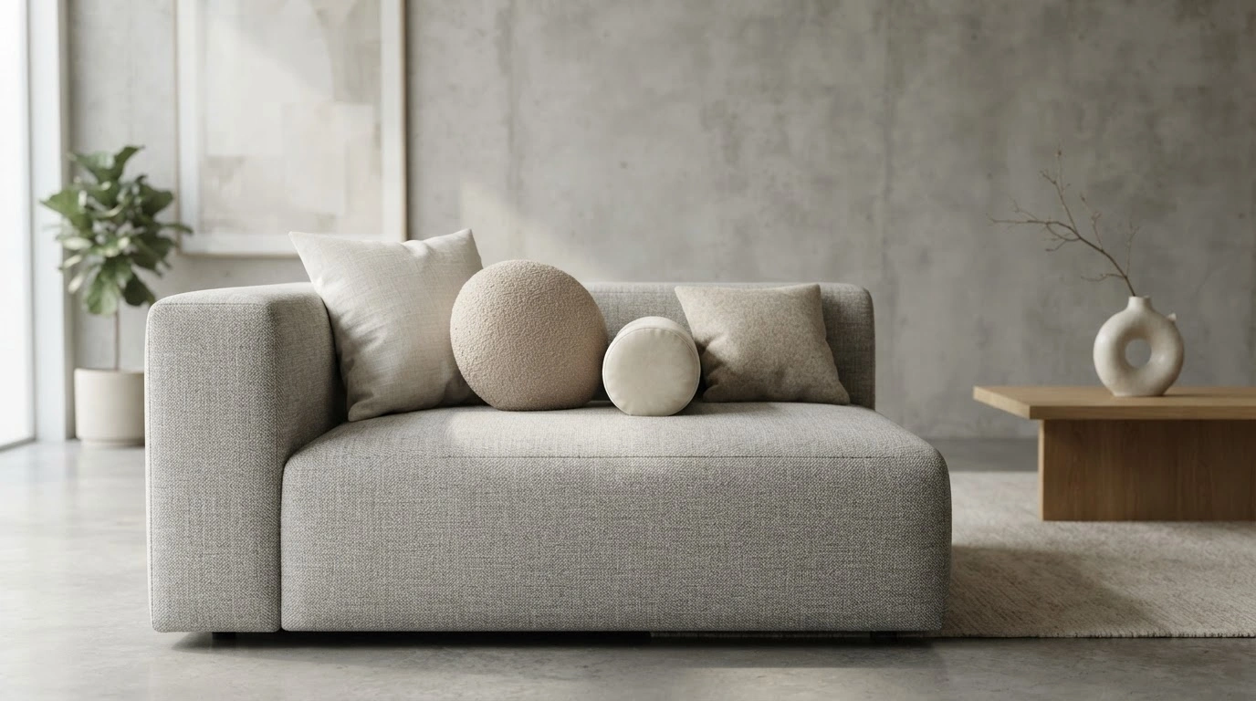 A Serene Minimalist Living Room Interior With a Modern, Low-profile Modular Sofa Upholstered in Textured Light Grey Fabric