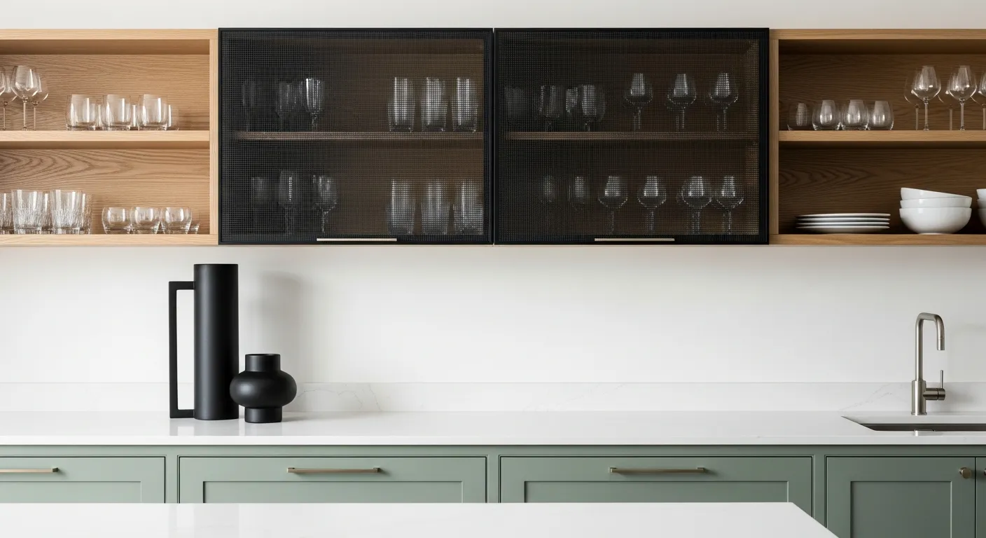 A Serene Modern Kitchen With Muted Sage Green BASE Cabinetry With Unique, Finely Woven Dark Mesh Upper Cabinet Doors