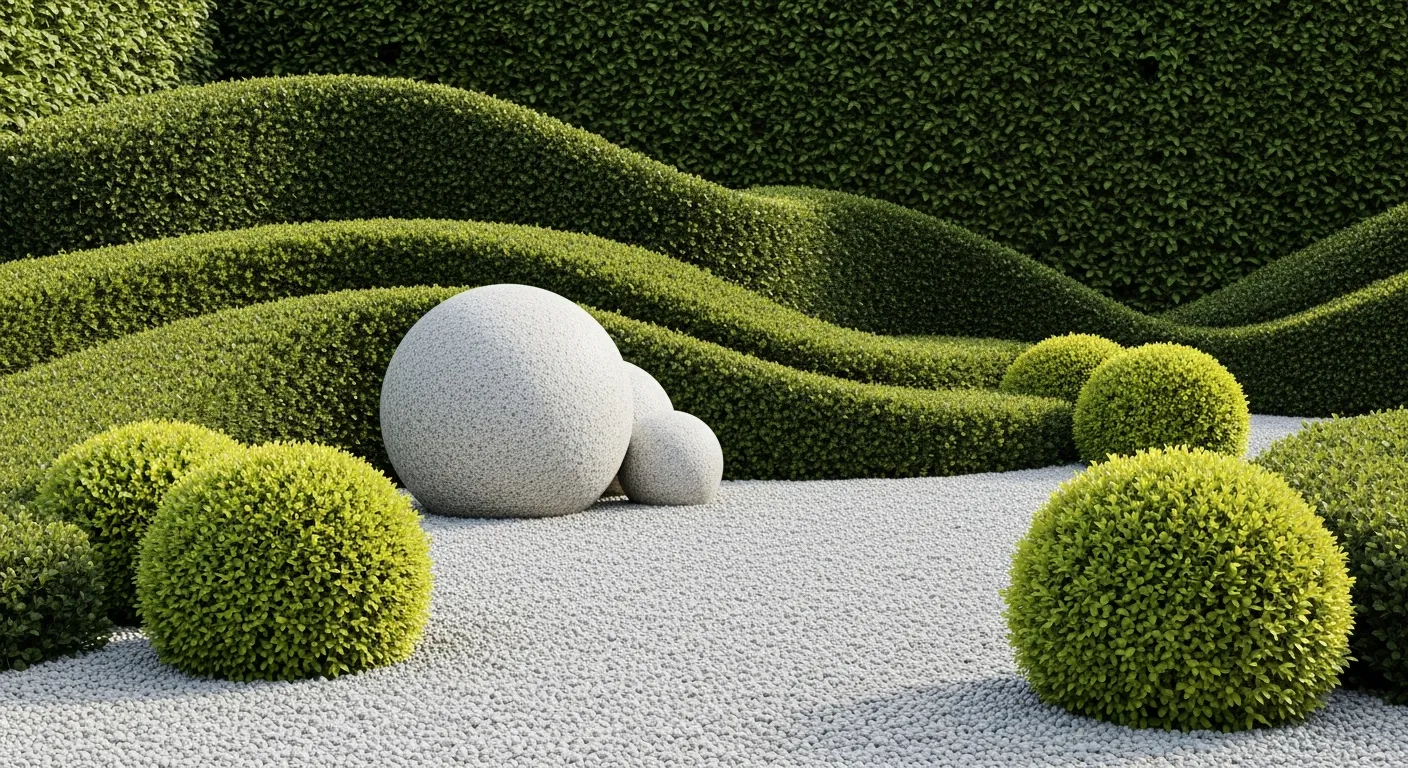 A Serene Modern Minimalist Garden With a Pristine Light Grey Pea Gravel Path Extends and Perfectly Spherical, Vibrant Lime-green Boxwood Bushes