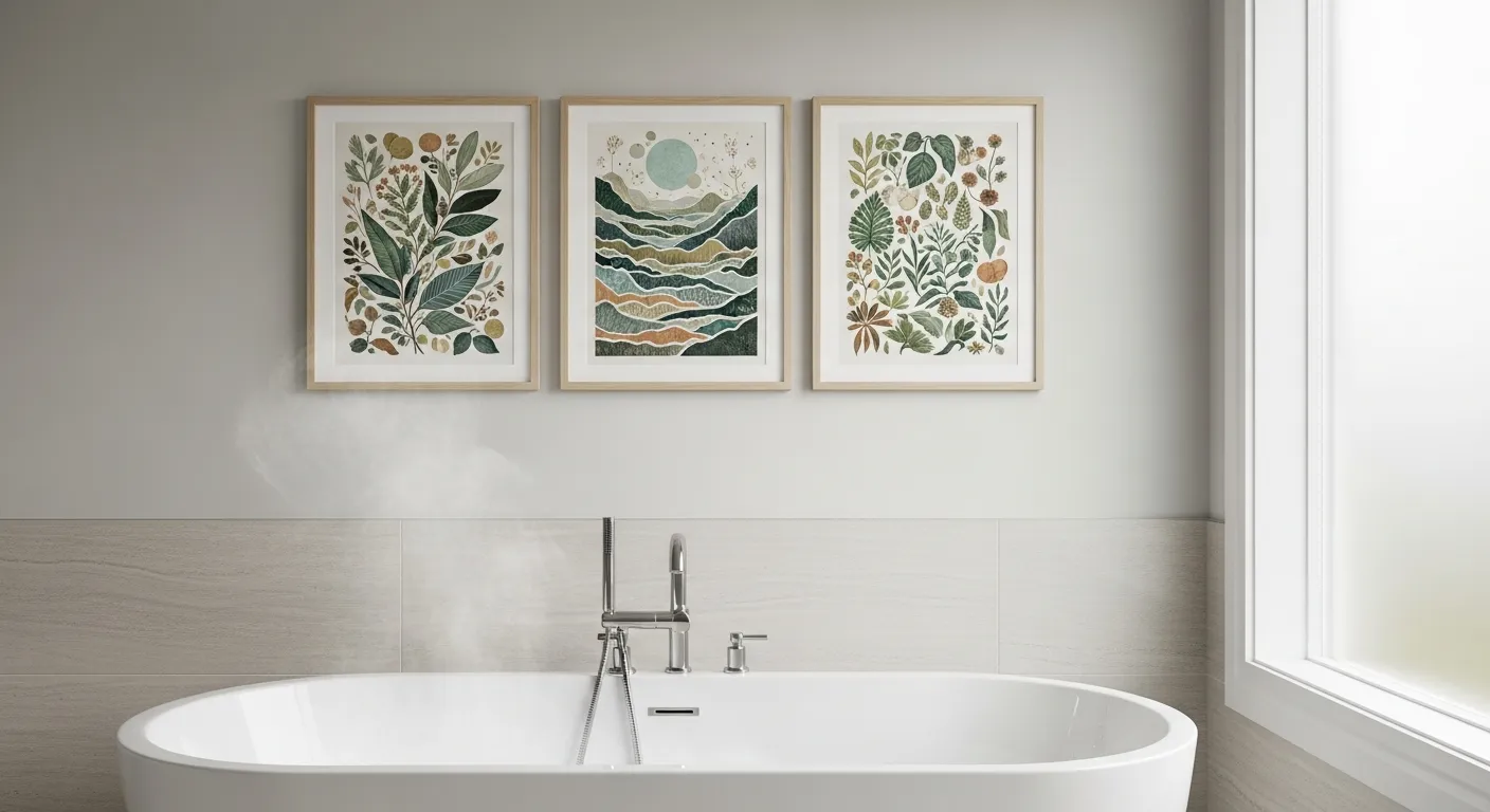 A Serene, Neutral-toned Bathroom With a Triptych of Framed Nature-inspired Art Prints on a Pristine Light Beige Tiled Wall