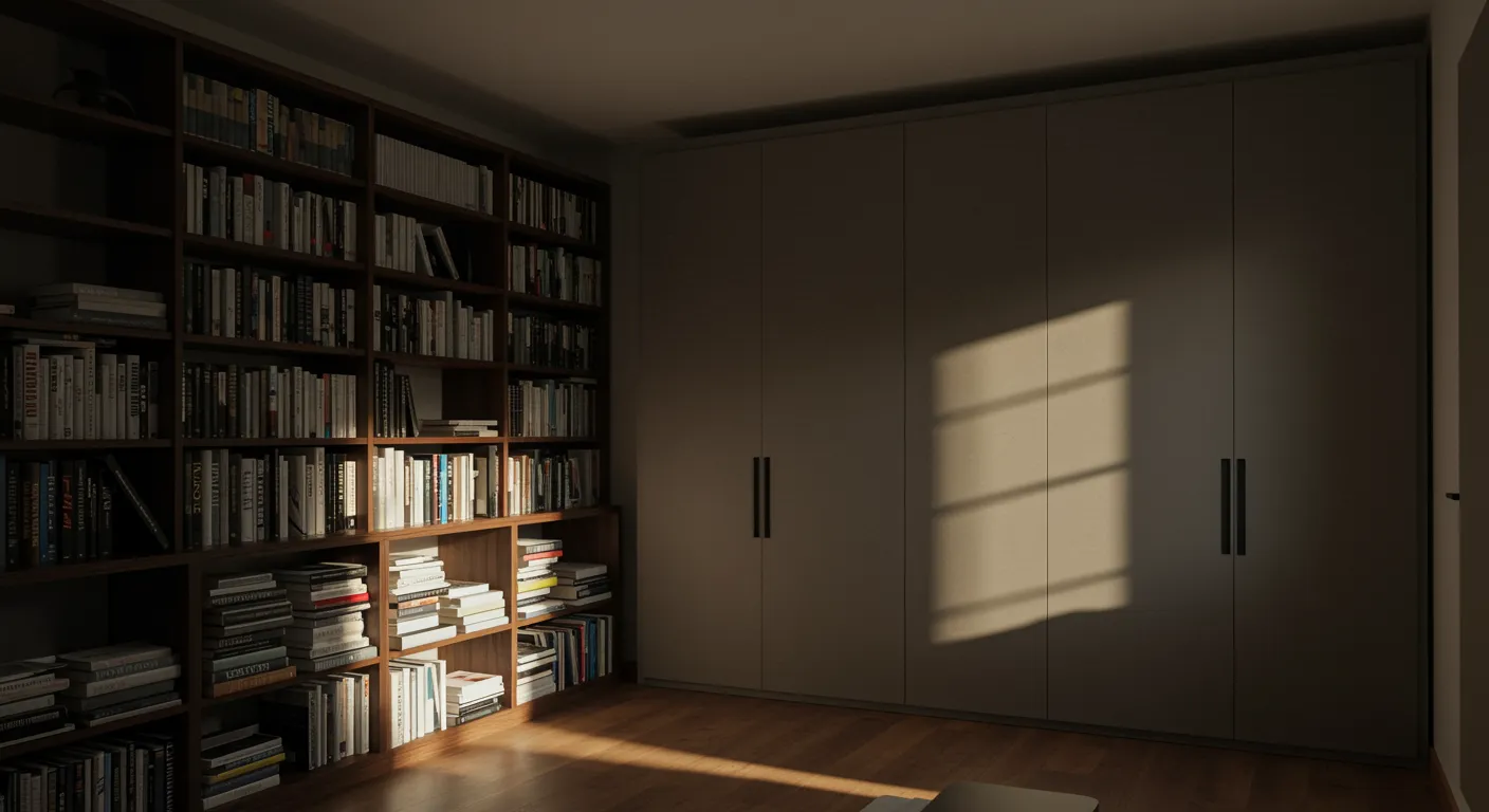 A Serene Room With a Massive, Floor-to-ceiling Built-in Wooden Bookshelf, Crafted From Dark Walnut, Stands Along One Adjoining Wall