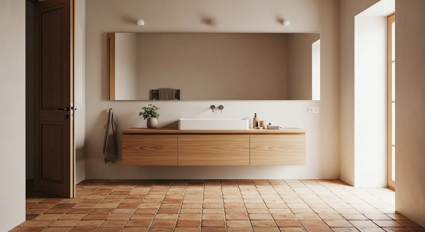 A Serene, Rustic Yet Modern Bathroom Interior, With Calming Color Palette of Earthy Oranges, Soft Browns, and Muted Creams