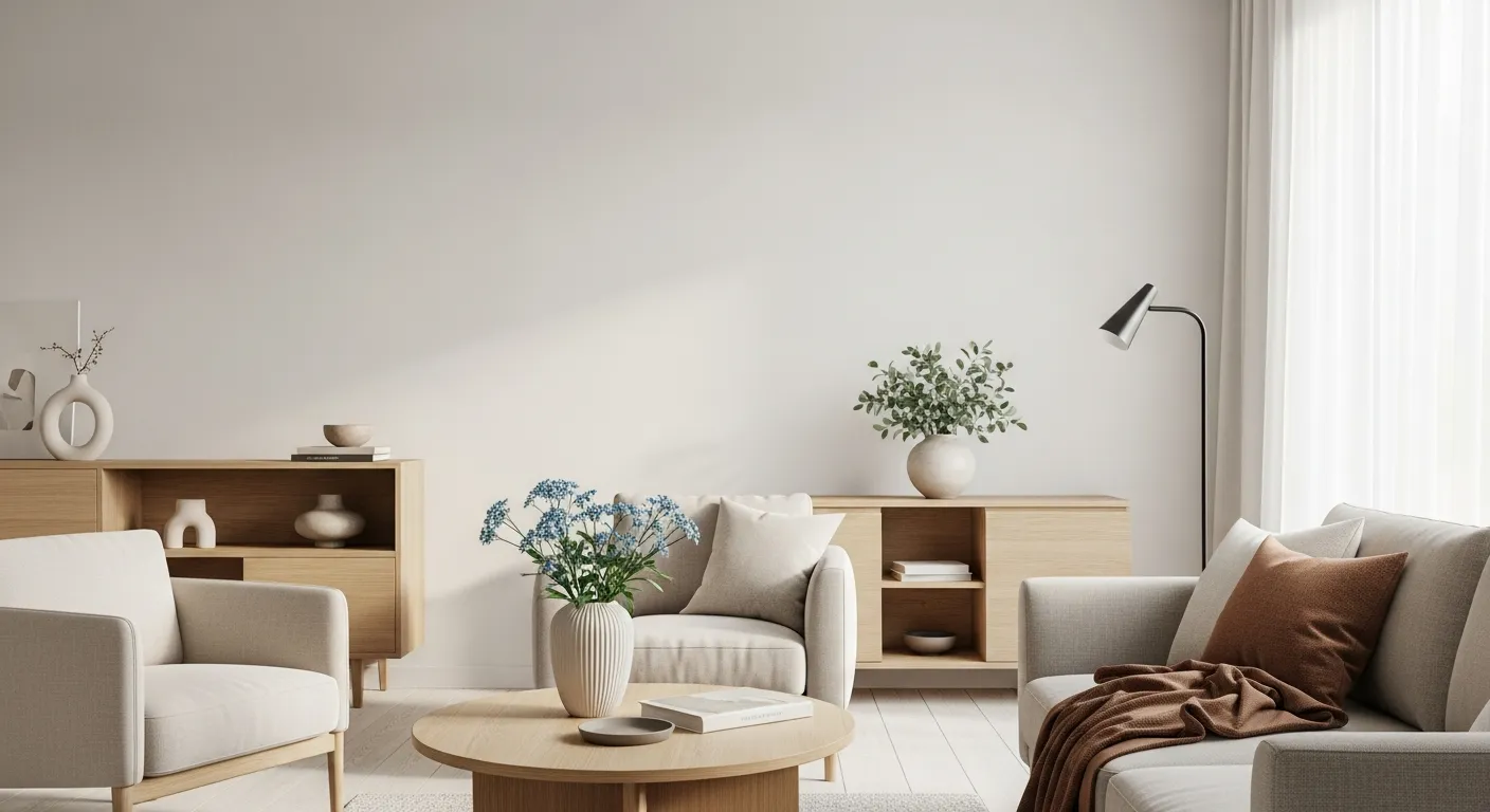 A Serene and Bright Contemporary Living Room Interior With Walls Painted in a Soft, Matte Off-white