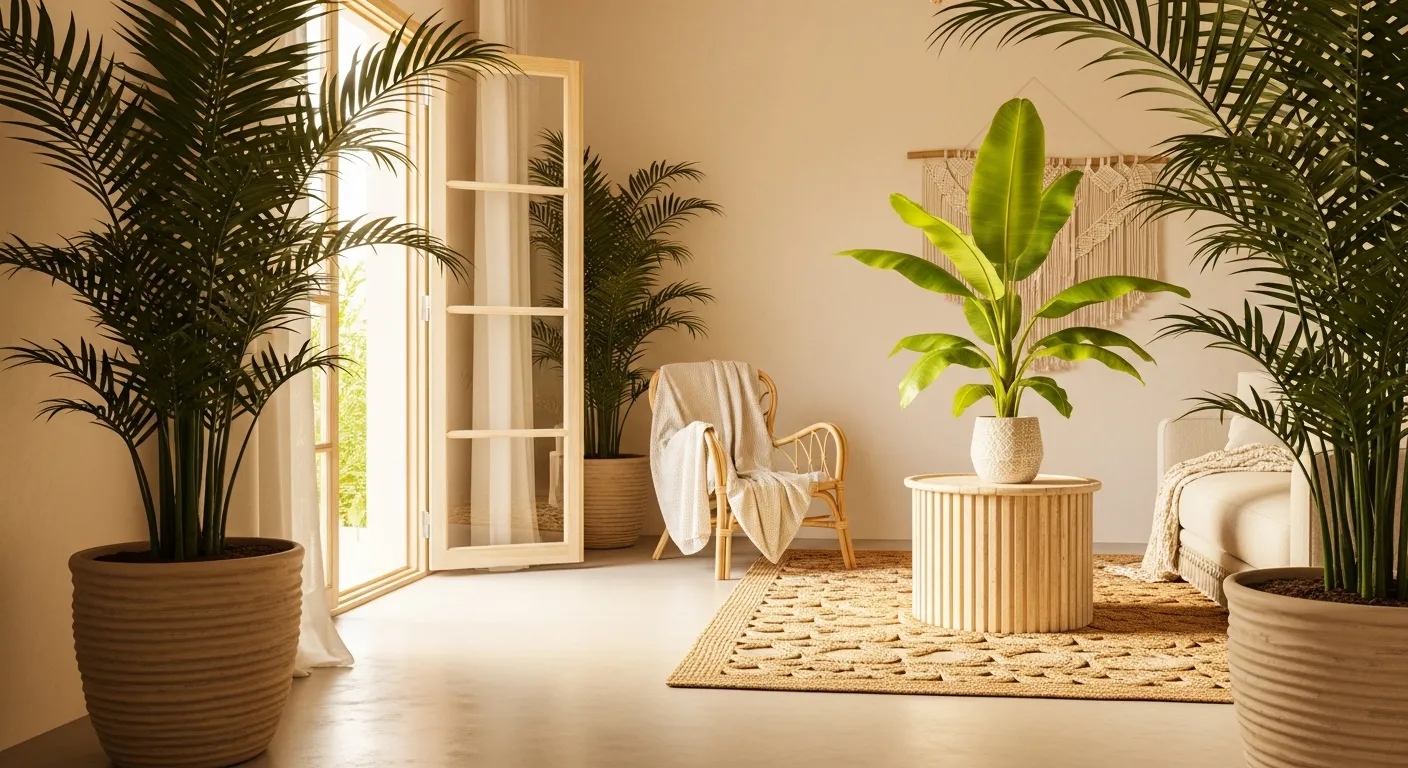 A Serene and Cozy Bohemian Living Room Interior With a Tropical Vibe