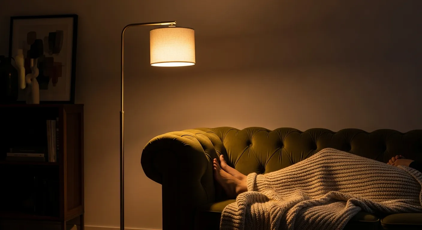 A Serene and Cozy Evening Ambiance With a Sleek, Minimalist Brushed Brass Floor Lamp With a Cylindrical Opaque Linen Shade Stands