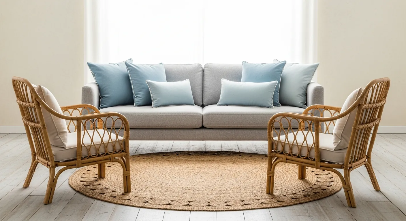 A Serene and Inviting Classic Coastal Living Room With a Sophisticated Light Gray Modern Sofa and Throw Pillows in Soothing Shades of Sea Blue