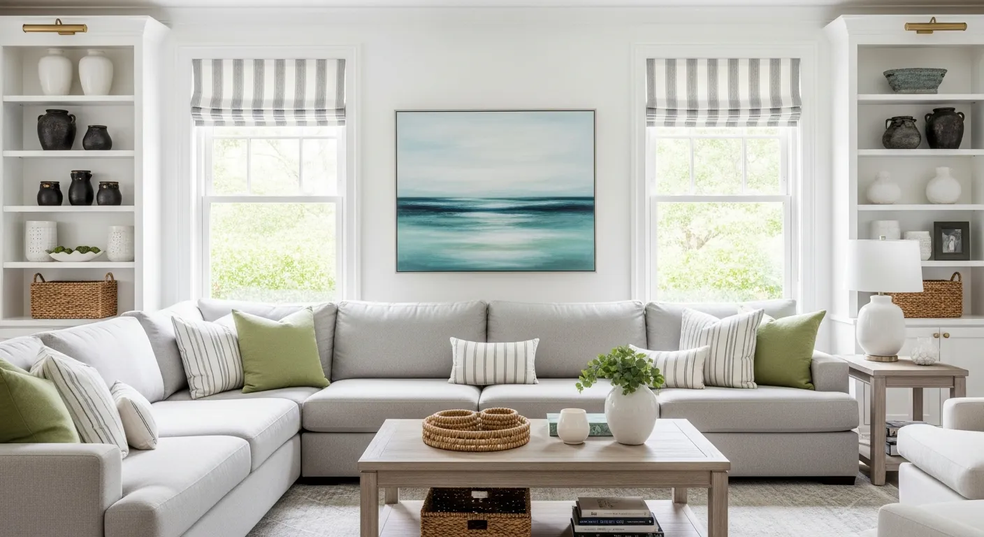 A Serene and Modern Living Room With a Large, Plush Light Gray L-shaped Sectional Sofa and Throw Pillows