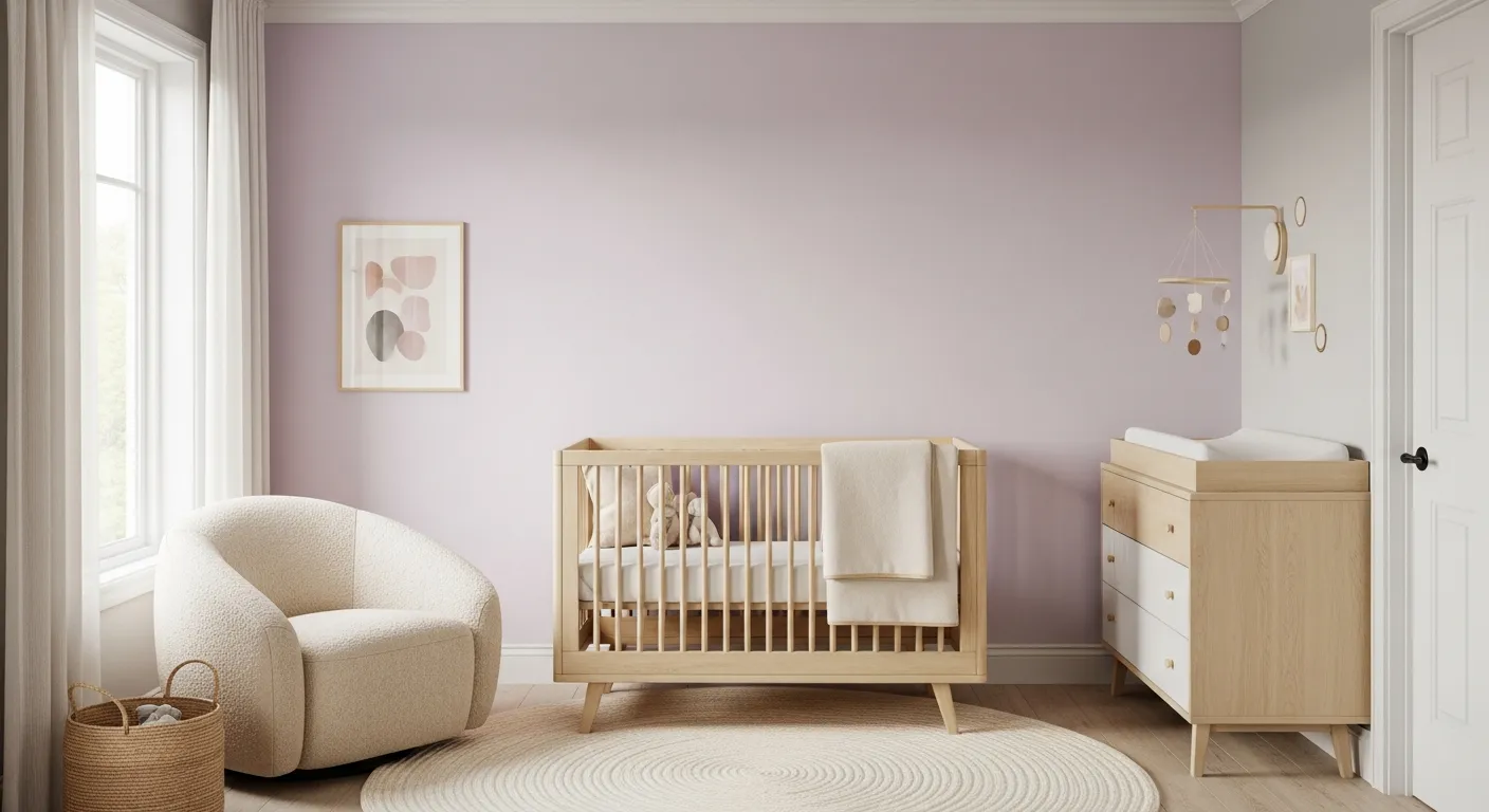A Serene and Modern Nursery Room, Walls Painted in Benjamin Moore's 'Raspberry Ice'