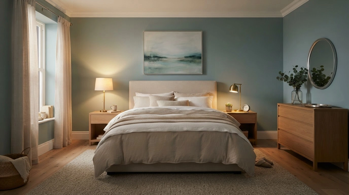 A Serene and Spacious Bedroom With Walls Painted in a Soothing, Muted Shade Featuring Delicate Blue and Green Undertones