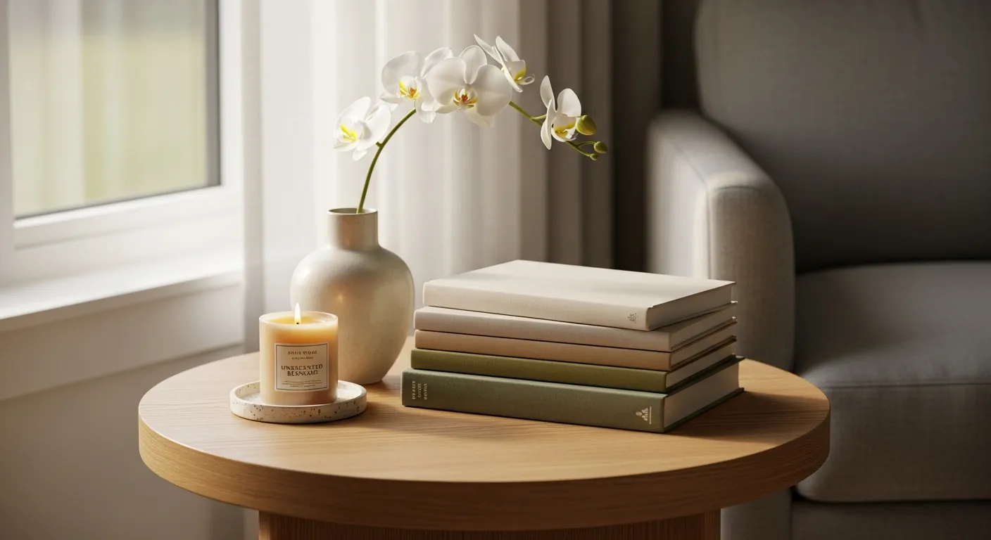 A Serene and Welcoming Interior Vignette Focuses on a Round, Richly Textured Light Wood End Table