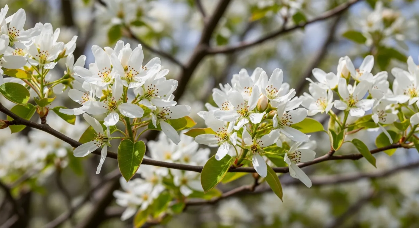 A Serviceberry Tree Branch Laden With Clusters of Delicate White Flowers A Serviceberry Tree Branch Laden With Clusters of Delicate White Flowers